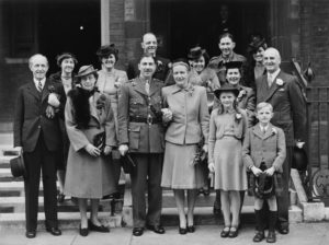 Ross Durie's wedding, 1945: Kathleen's father, Joanna Durie, Kathleen's mother, Jessie Pryde, Ross Durie (bridegroom), Walter Pryde, Kathleen (bride), Isobel Durie, Andrew Durie, friend of Kathleen, Joyce Pryde, Helen Harkness, James Armstrong (solicitor, Edinburgh; Ross went into partnership with him), George Pryde