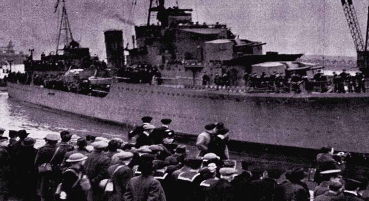 HMS Cossack arrives in Leith, greeted by onlookers