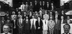 Elders and deacons at the end of the vacancy, August 1992. Tim Prime, Derek Liddell, Ian Finlayson, Jim Landels, Donald Cameron, Sid Harrison, Philip Murray, Harry Robertson, Bill Walker, John Grant, John Shepherd, Angus Ferguson, Derek Finlayson, Johnny Prime, Barry Sprott, Bryce Crawford, David Whitlie, Albert Peterson, Robert Shaw, Robert Naysmith, Alastair Hay, Norman Wallace, Norman Wilson, Adrian Todd, Stewart McLeod, Ian Balfour, Jonathan Bartlett, George Haig, Russ Murray, David Fairlie, David Dennis, Jim McCall, (inset left) Eric Smith (inset right) George Nash.