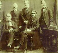 Owen Campbell and his five elders in 1883. Left to right: John E. Dovey (treasurer), John Anderson (secretary), R. A. Roberts, Alexander Picken, Campbell and John Walcot.